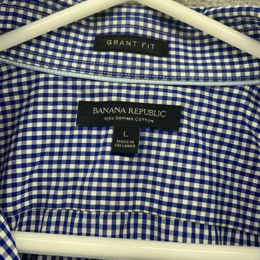 Banana Republc Shirt Men Large Grant Fit Long Sleeve Supima Cotton Check‎ Blue
